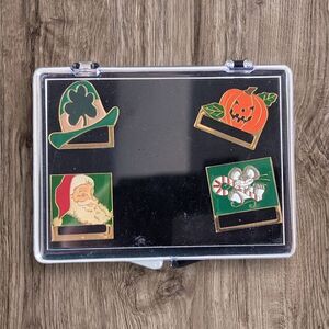 Clip-eze Gold Tone Enamel Badge Holder Pin Holidays Lot of 4